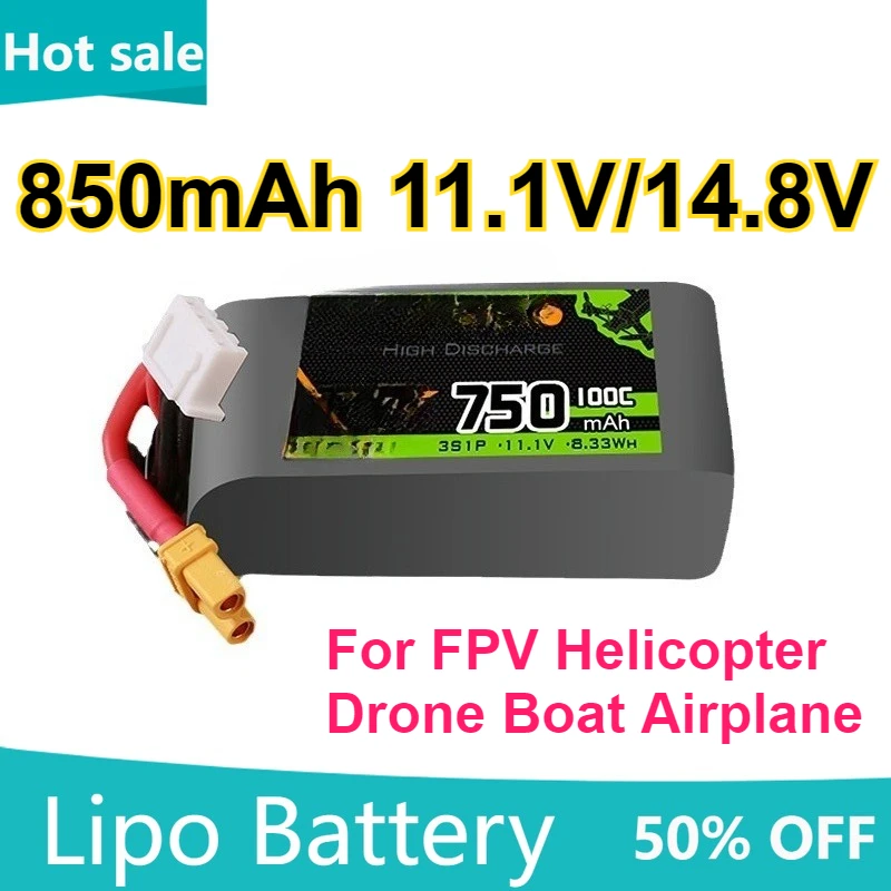 

High Magnification 100C 850mAh 11.1V/14.8V 2S/3S Lipo Battery with XT30 Plug Connector for FPV Helicopter Drone Boat Airplane
