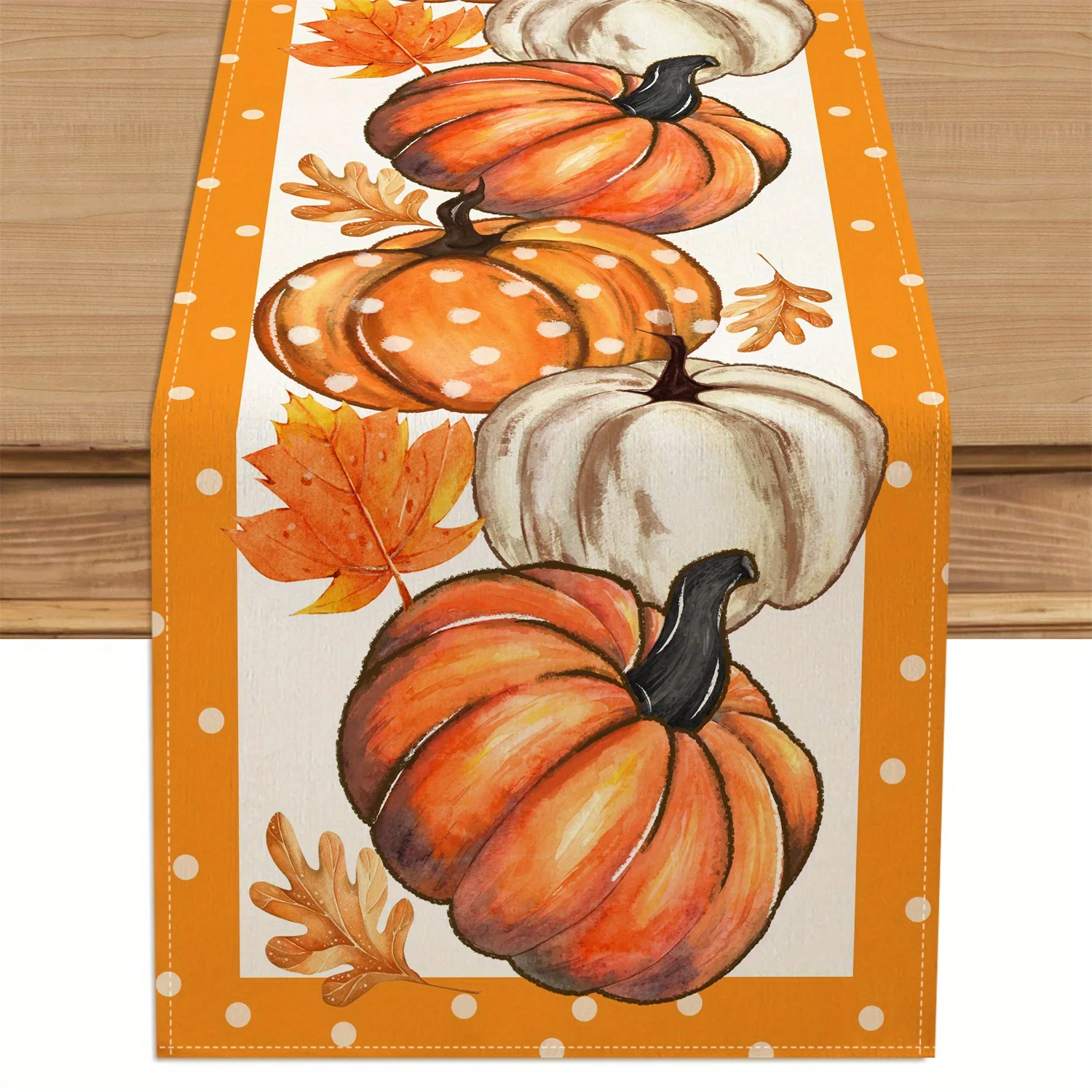 1pc Autumn Pumpkin Table Runner - Vibrant Orange & White Polka Dot Design with Realistic Pumpkins and Leaves, Perfect for Farmho