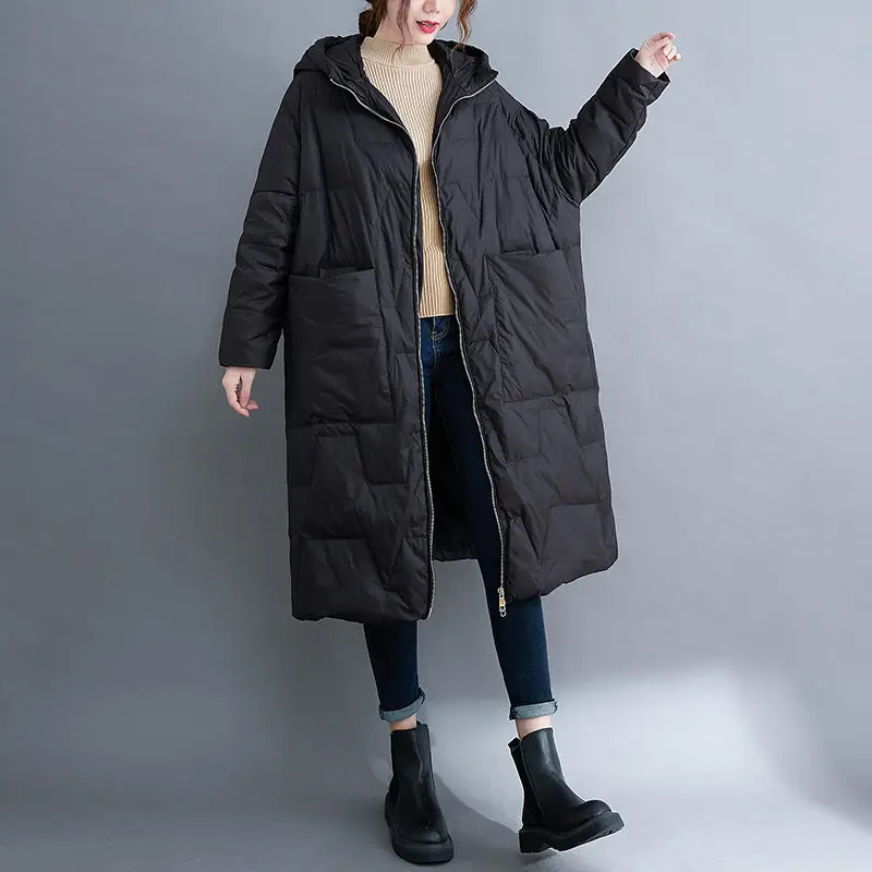 Imagem -02 - Cabolsa Leve de Pato Branco Feminino Cabolsa Longo com Capuz Algodão Acolchoado Tamanho Grande Parkas Soltas na Moda Abrigo T531 Inverno 2024