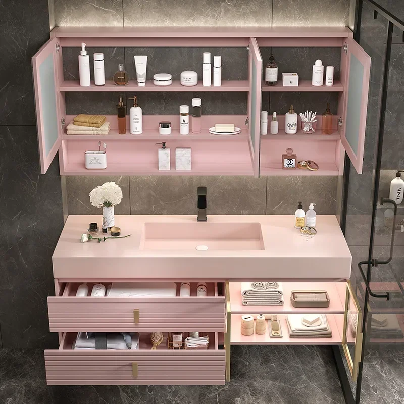 

Aesthetic Floating Vanity Bathroom Cabinet Girl Oak Modern Led Light Bathroom Cabinet Storage Luxury Gabinete Salon Furniture