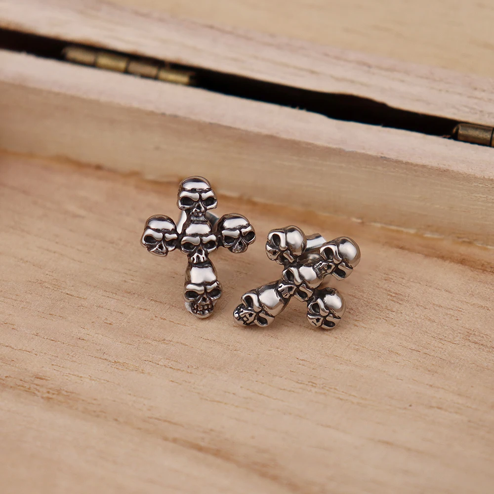 Vintage Cross Skull Stud Earring Never Fade Gothic Stainless Steel Earrings for Women 2024 Creative Halloween Jewelry Wholesale