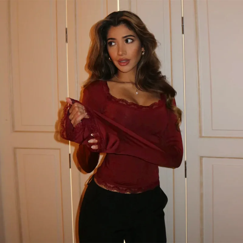 新しいヨーロッパとアメリカのファッション、純粋な欲望スタイルのセクシーなレースのスリムフィットクロップトップ（女性用）