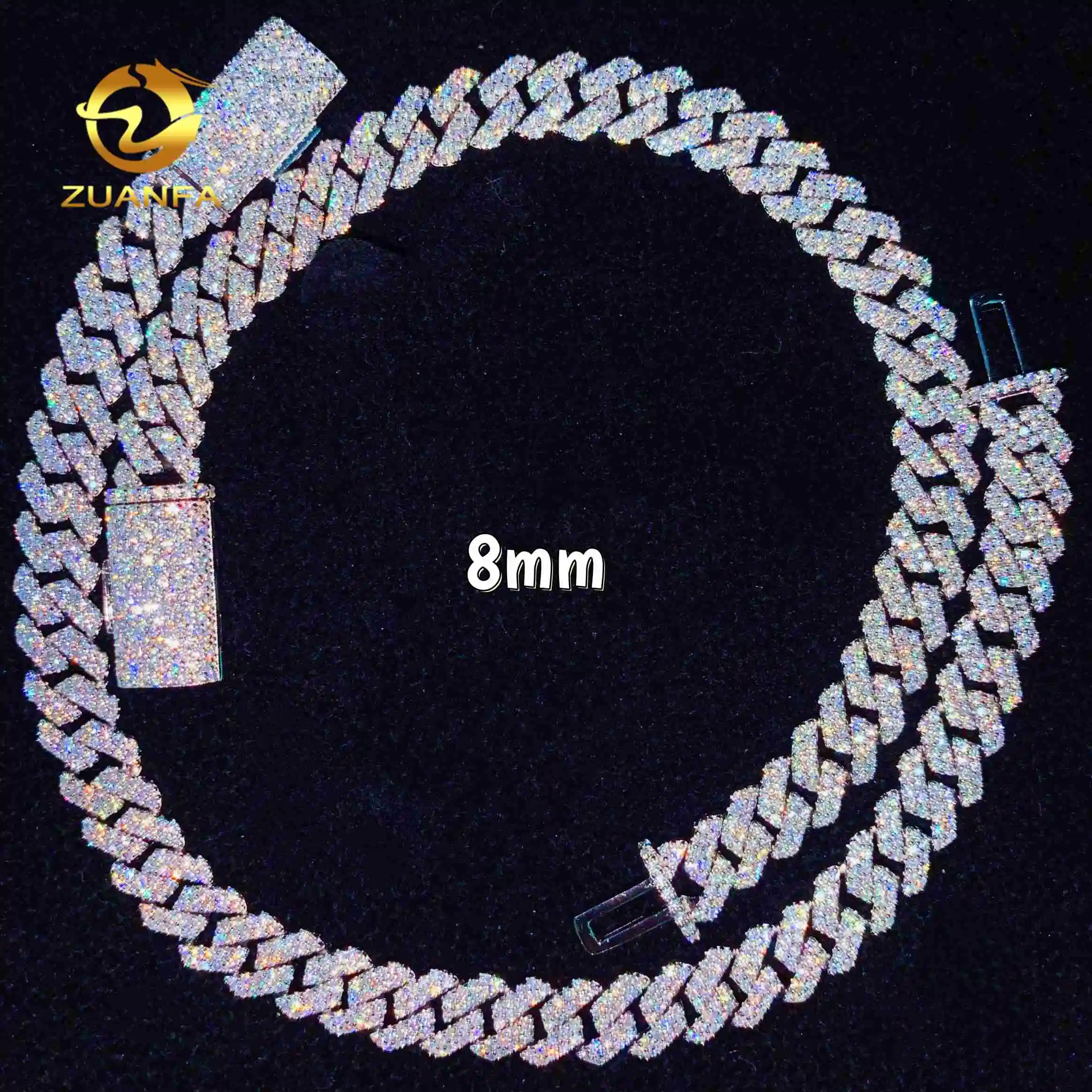 Classic Basic 8mm 2 Row Moissanite Chain Cuban Links Prong Chain Pass Diamond Tester 925 Silver Cuban Link Chain Necklace，