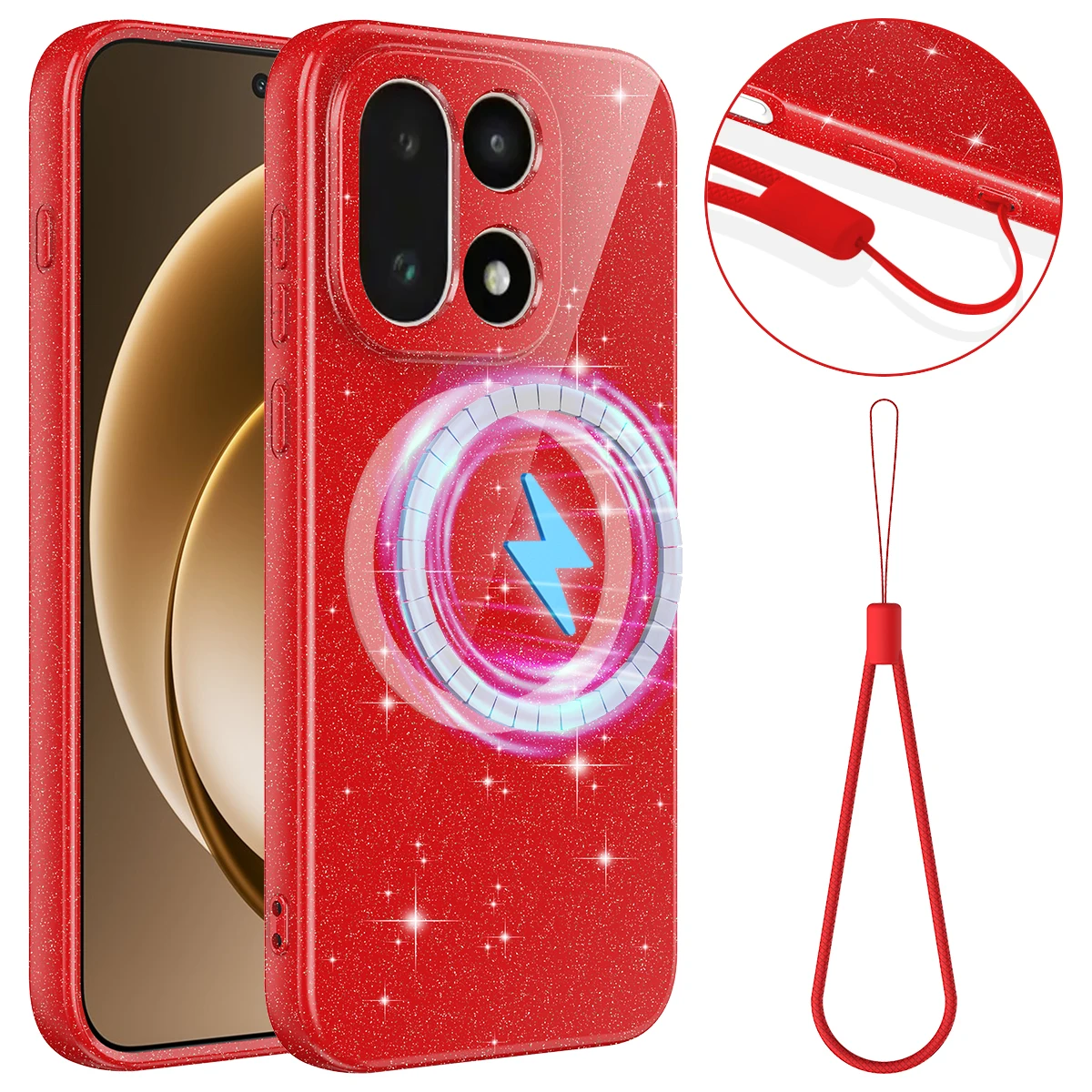 

Shockproof Glitter Wireless Charging Magnetic Phone Case For Oneplus 15, Slim Bling Fleece Camera Protection Cover Lanyard Funda