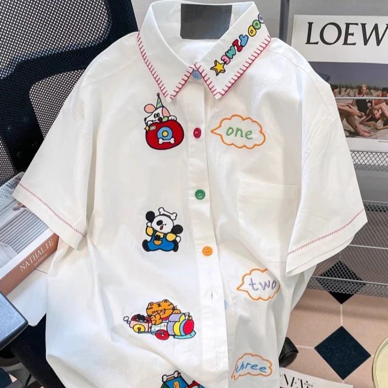 

Japanese Firly Tale Cute Cartoon Shirts Polo Collar Short Sleeve Button Up White Shirt Harajuku Sweet Couples Casual Summer Tops