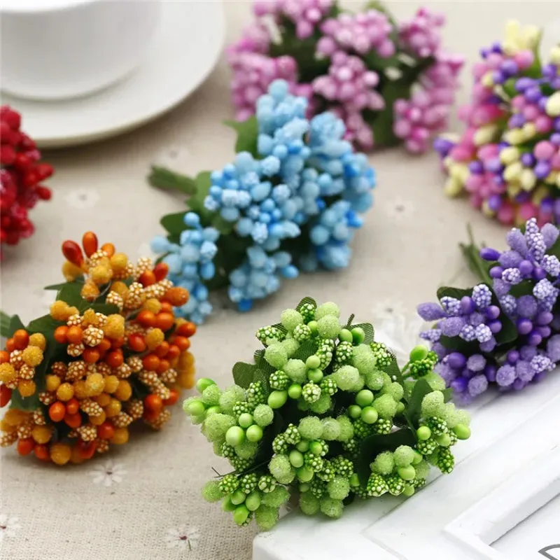 Hot sale Artificial Mini Foam Berry Bouquet Fake Fruit Stamen Bead Flowers For DIY Wreath Box Wedding Scrapbooking Accessories