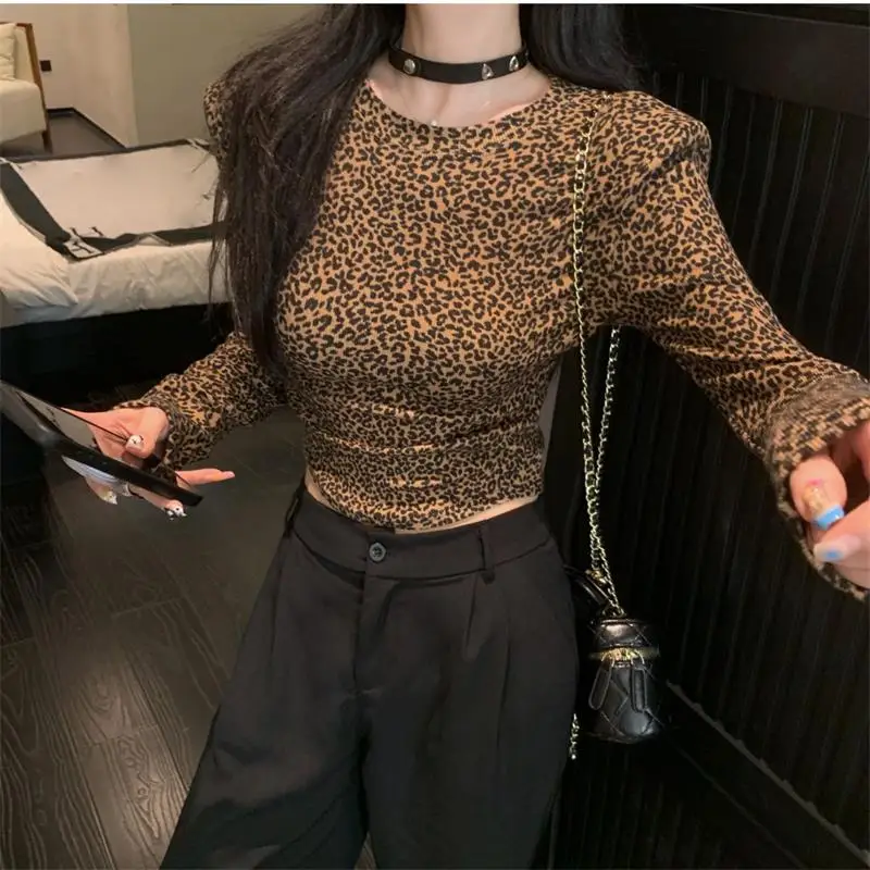 Fashion Leopard Printed Women T-shirt Long Sleeve O Neck Slim Fit Ladies Crop Top Daily Streetwear Casual Tops Autumn Clothing