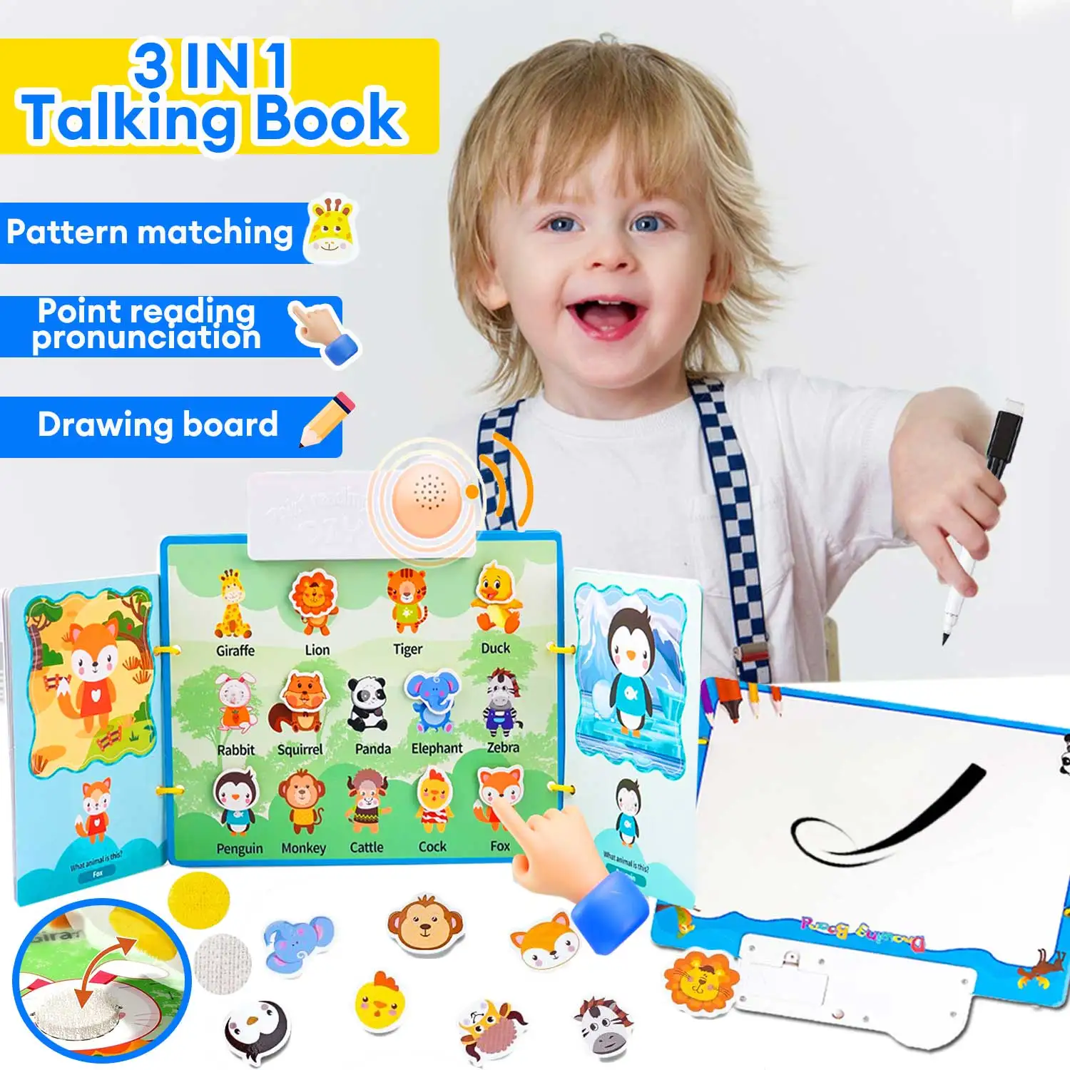 Livre roi althavec planche à dessin effaçable, correspondance des motifs, lecture ponctuelle, jouet d'apprentissage WagLearning, 3 en 1, 3-6 ans