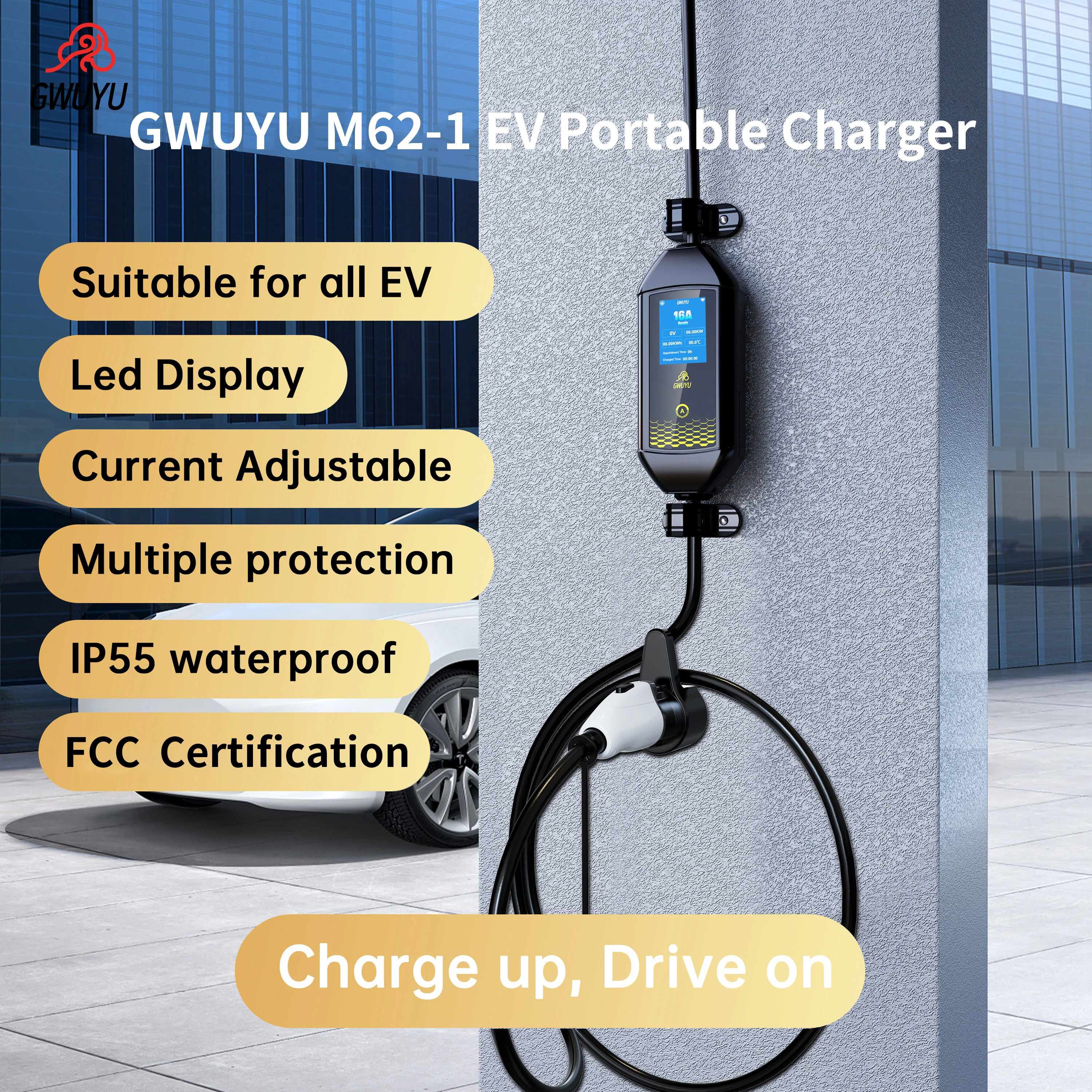 GWUYU EV Portable Charger 110-240V/32A/7.6KW 3.5m Adjustable Current with CEE Plug Type1 Charging Stations for Electric Vehicle