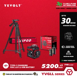 YEVOLT TP-YVGLL4XS12PRODP 12-liniowa 360° 3-płasowy zestaw poziomiczy laserowych z 2x mocy 5200 mAh - statywem 1,5 m - samopoziomujący 3D