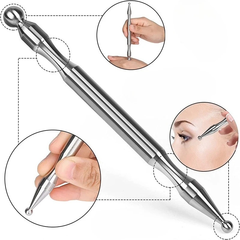 1 قطعة عصا تدليك برأسين الفولاذ المقاوم للصدأ الوخز بالإبر القلم مدلك عميق الوجه الاسترخاء الجسم جهاز تدليك قابلة لإعادة الاستخدام نقطة القلم