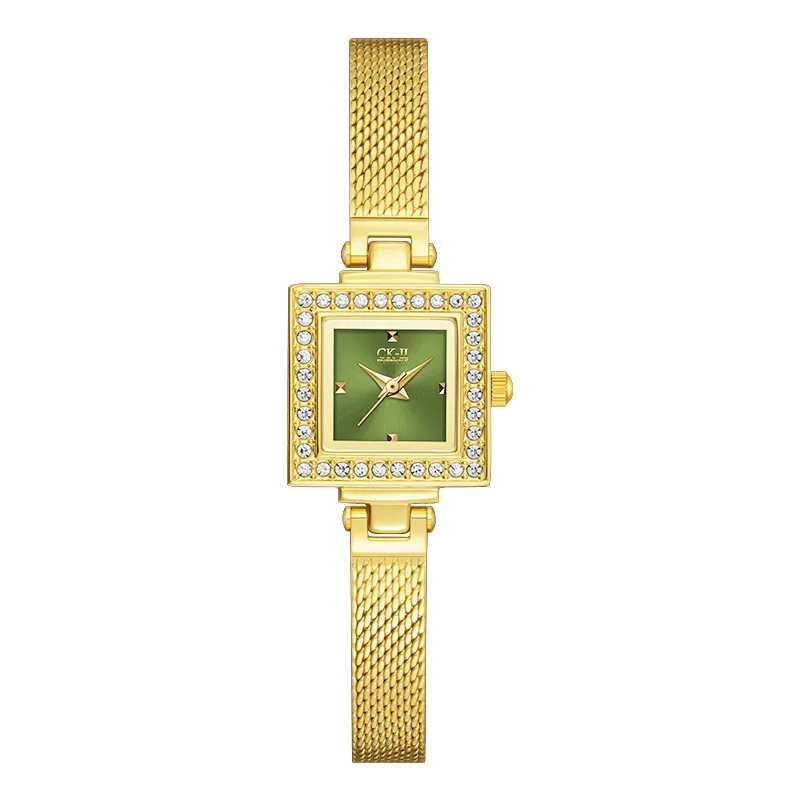 Square Ultra Thin Quartz Wristwatch for Women with New Diamond Studded Waterproof and Fold Clasp
