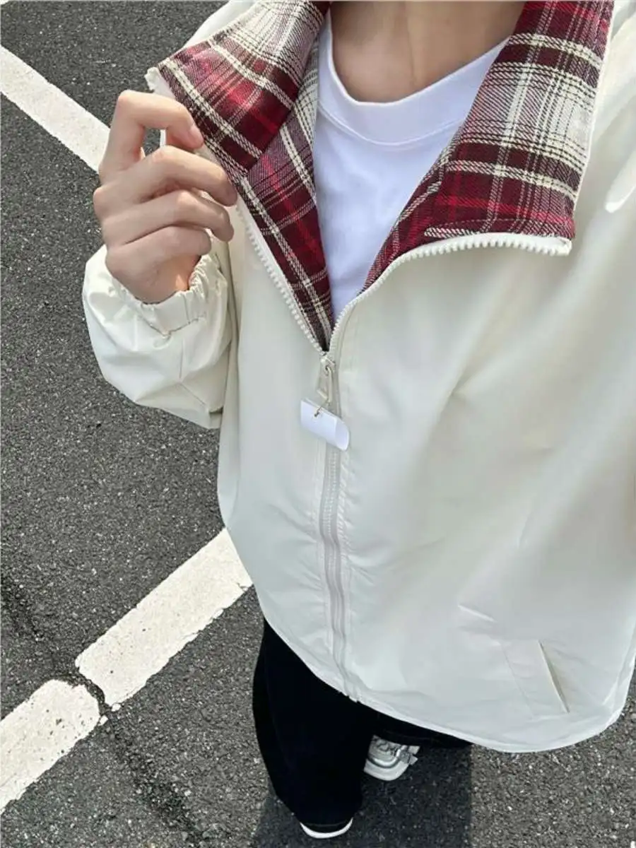 سترة رجالية بنمط البيسبول الأمريكي الكلاسيكي مع نقشة مربعات، ياقة عالية، تصميم فضفاض، مزينة بسحاب، مصنوعة من ألياف الخيزران ل... #3