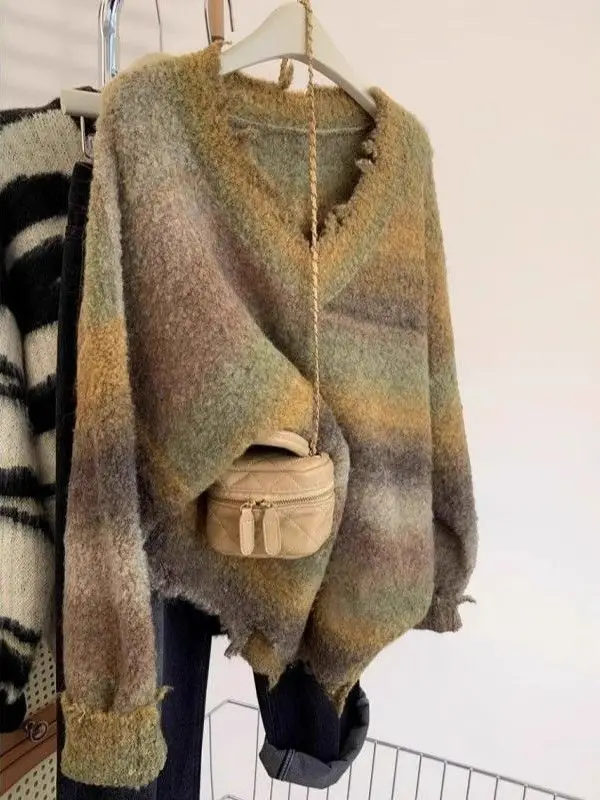 

plus Size 300 Pou Lazy Sle V-Ne adient Long Sve Knitted Sweater Women Loose Korean Version Top Polyester Fiber