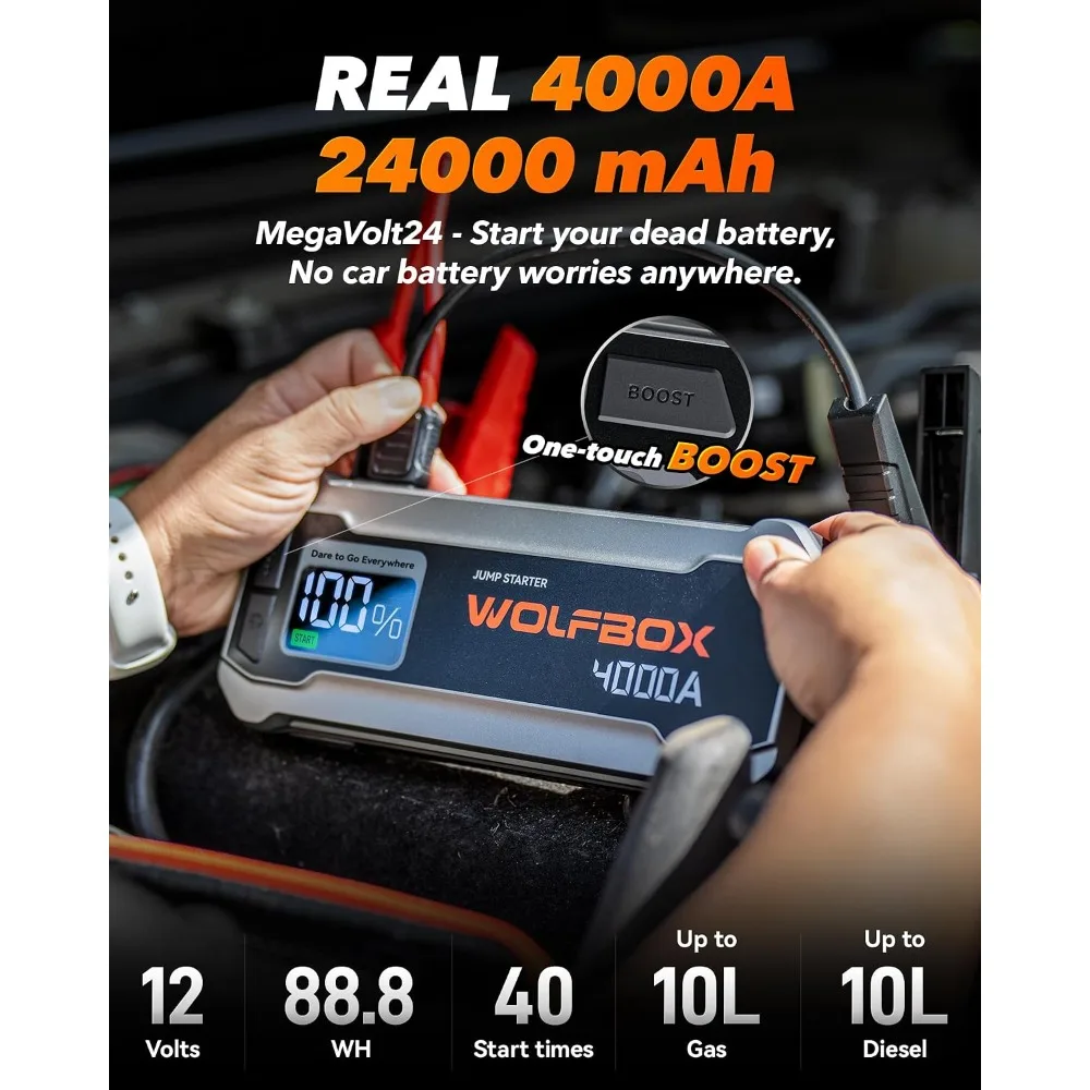 4000A Jump Starter, 12V Car Battery Booster with 65W USB-C Quick Charger, LED Display, 88.8Wh Portable Power Pack for Gas/Diesel Engines Up to 10L view 2