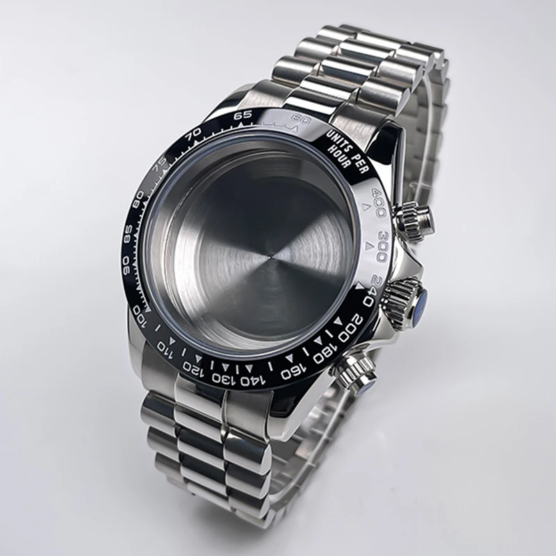 39mm VK63 VK64 Quartz Watch Case Ceramic Bezel Sapphire Crystal Screw-In Crown 5ATM Water Resistant Fit 29-30.5mm Dial 28mm