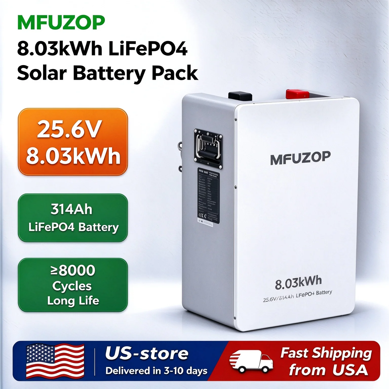 MFUZOP 8.03kWh 24V Built-in Smart BMS Bluetooth Monitoring, 150A Continuous Charge, 160A Cut‑off, up to 8000 Cycles, US Warehouse Fast Shipping for Home Energy Storage, Off‑Grid Solar, RV, Cabin, Marine