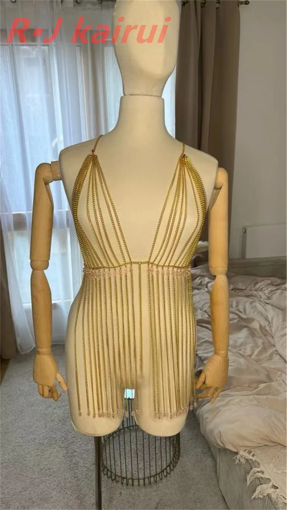 

Fashion Sexy Metal Neck Body Chain Crystal Pink Beads Top Long Dress Party Jewelry Accessories