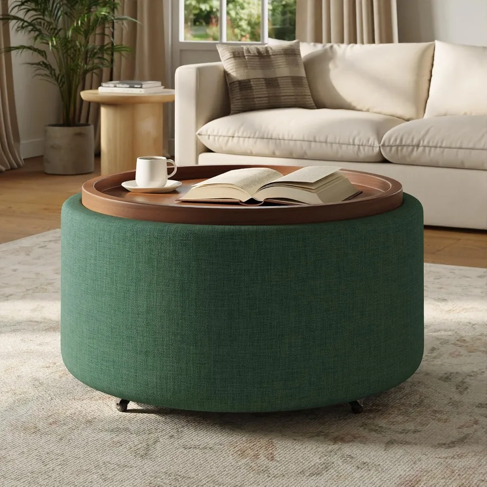 طاولة قهوة عثمانية مستديرة للتخزين مع صينية جوز، مسند دائري مقاس 30 بوصة مع مساحة تخزين، طاولة قهوة مستديرة منجدة حديثة مع #1