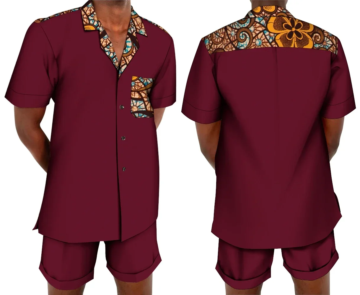 Summer African Dress Men T-shirt Suits Fashion Patchwork Handsome Men Light Thin Short Pants Sets WYN1736