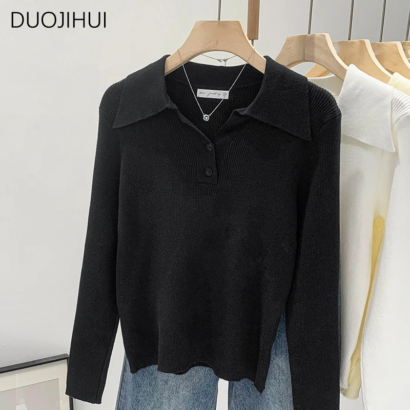 DUOJIHUI-Pulôveres básicos de manga comprida em polo feminino, pulôveres de malha chique feminino, moda casual e monocromática, novo, outono