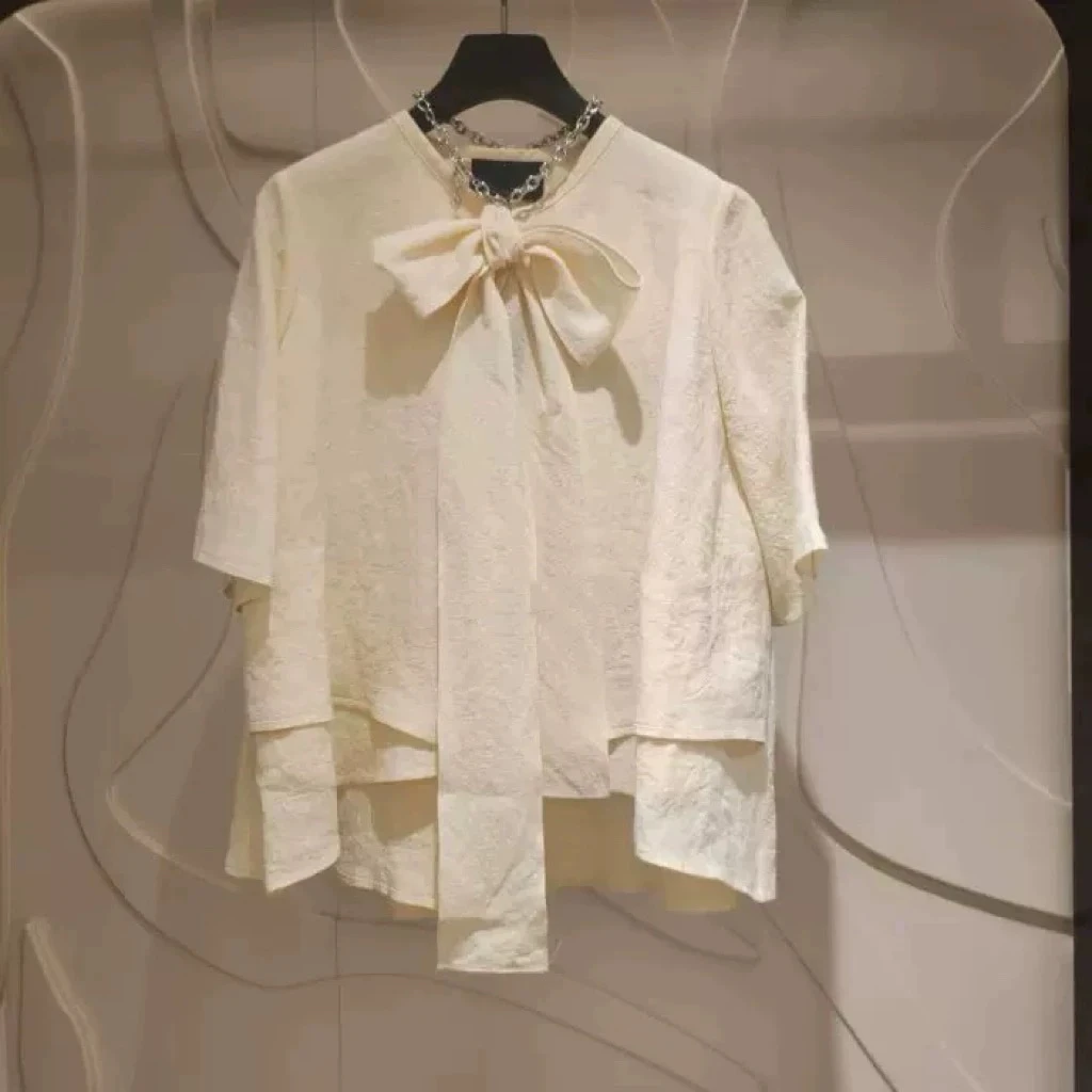 

Faionable Comfortable Commute Cotton Linen ort Sve irt Knot Decoration Loose Fit round Ne Spring 2025