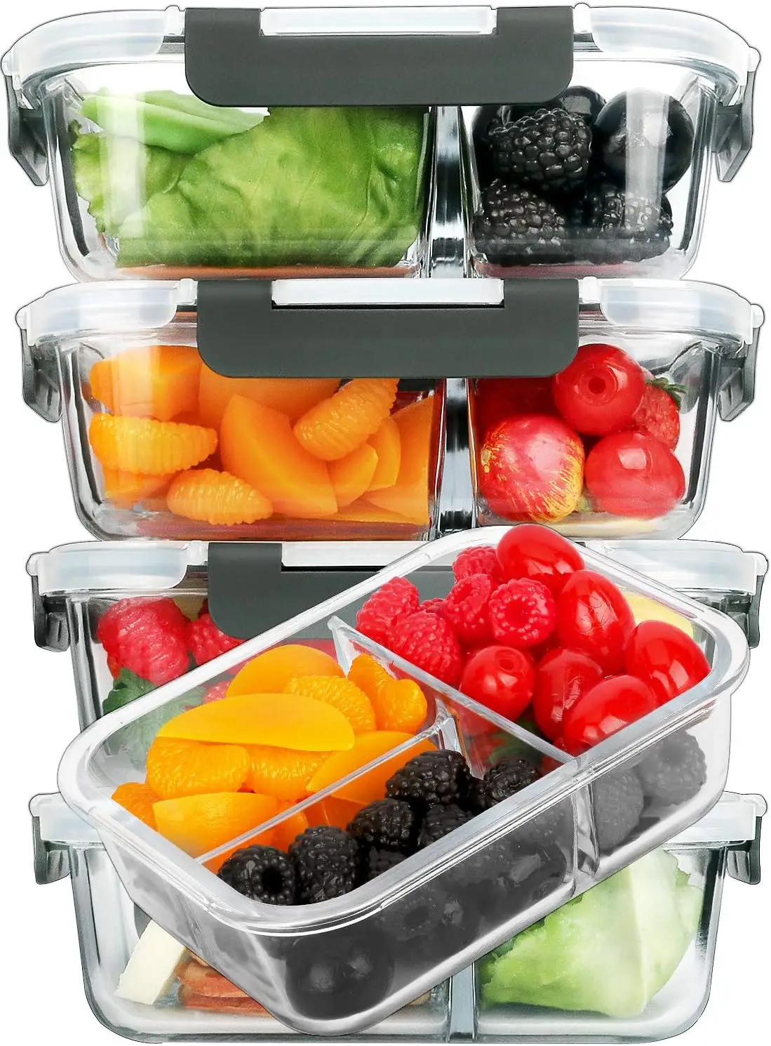 5-Pack Glass Meal Prep Containers with Lids, 3 Compartment Bento Box for Microwave, Oven, Freezer and Dishwasher