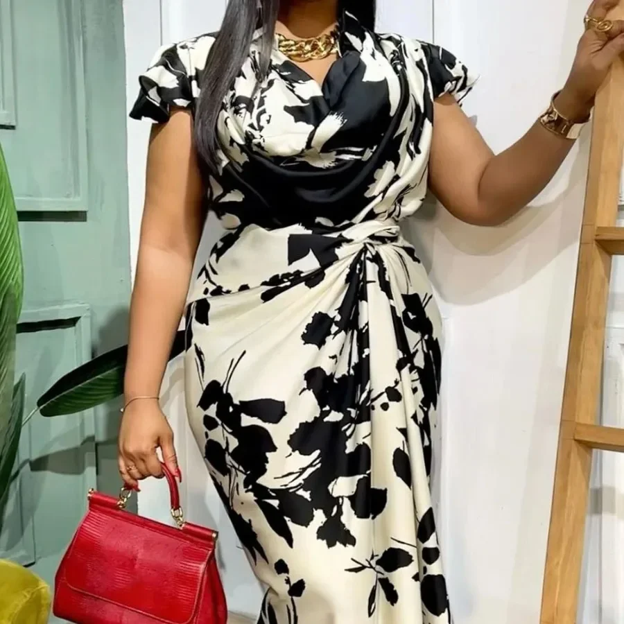 Plus Size Black Daily Print V Neck Fold Midi Dresses