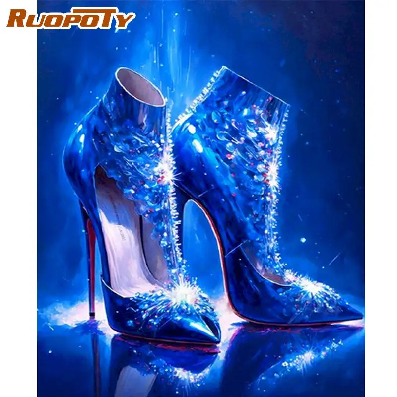 RUOPOTY Frame Painting By Numbers For Adults Blue High Heels Picture By Numbers Starter Kits For Home Wall Art Diy Gift