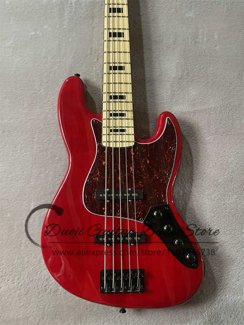 5 Strings Red Electric Bass Solid Body  Maple Fingerboard Active Battery Red Tortoise Shell Guard Factory Custom