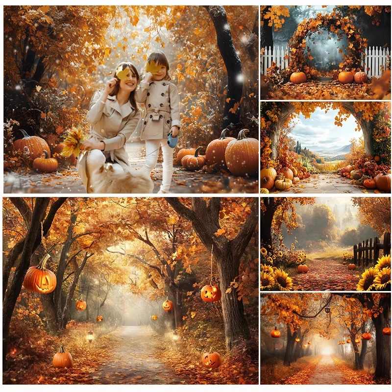 Autumn Forest Photography Background Fall Maple Leave Halloween Pumpkin Harvest Thanksgiving Kids Family Portrait Photo Backdrop