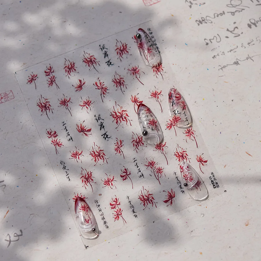 1Pcs 5D Chinese Higan Bana Nail Stickers Soft Relief Red Spider Lily Flower Manicure Decals DIY Self-Adhesive Floral Nail Slider