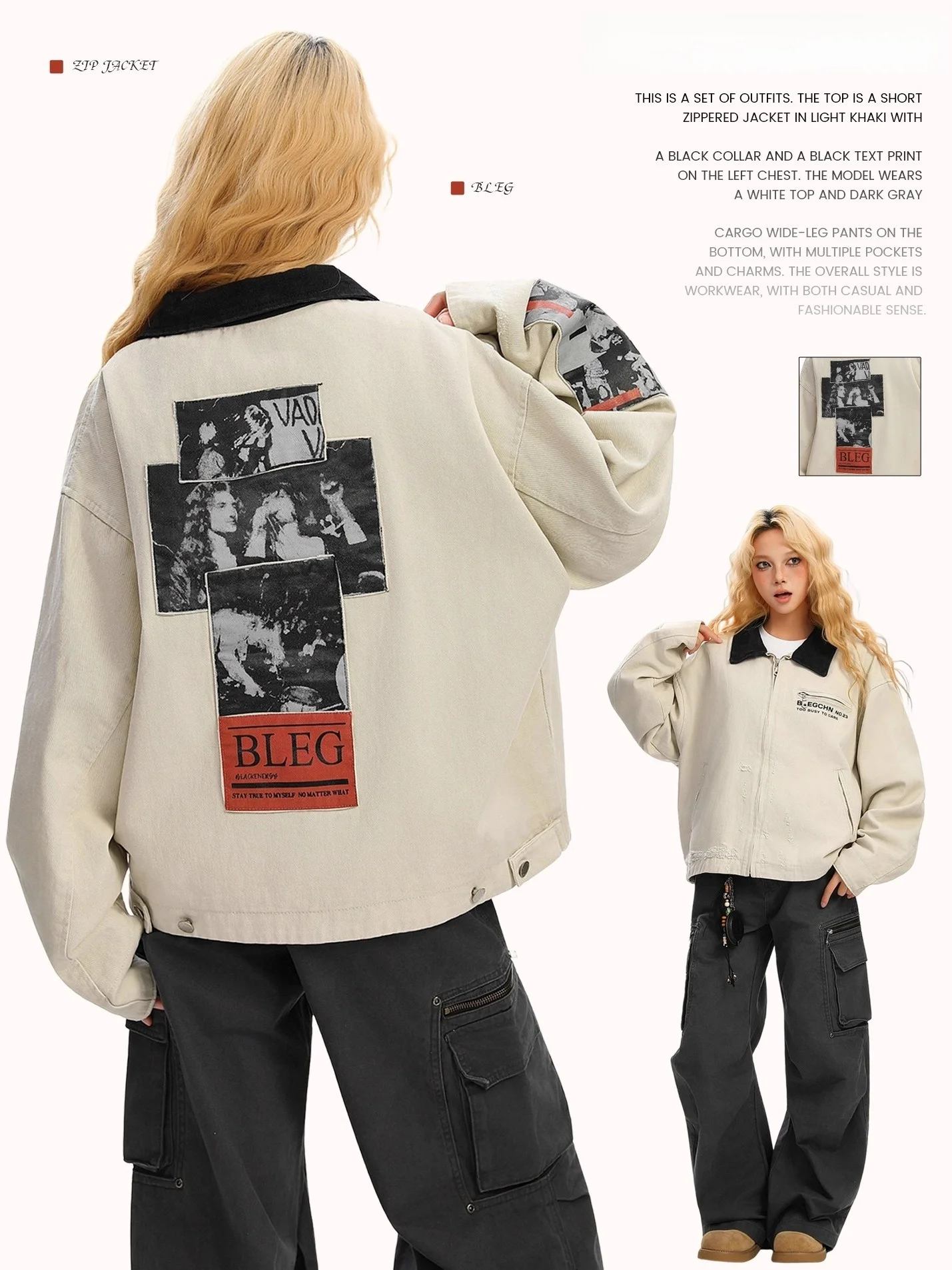 

American Retro Detroit Portrait Patch High Street Loose Fit Jaet Cotton Long Sve Zipper Closure Casual ex Jaet