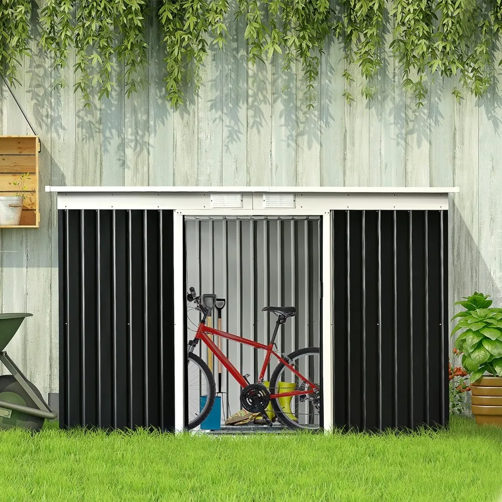 

9 'x 4' outdoor storage shed, galvanized metal utility garden tool room, 2 ventilation openings, and lockable doors