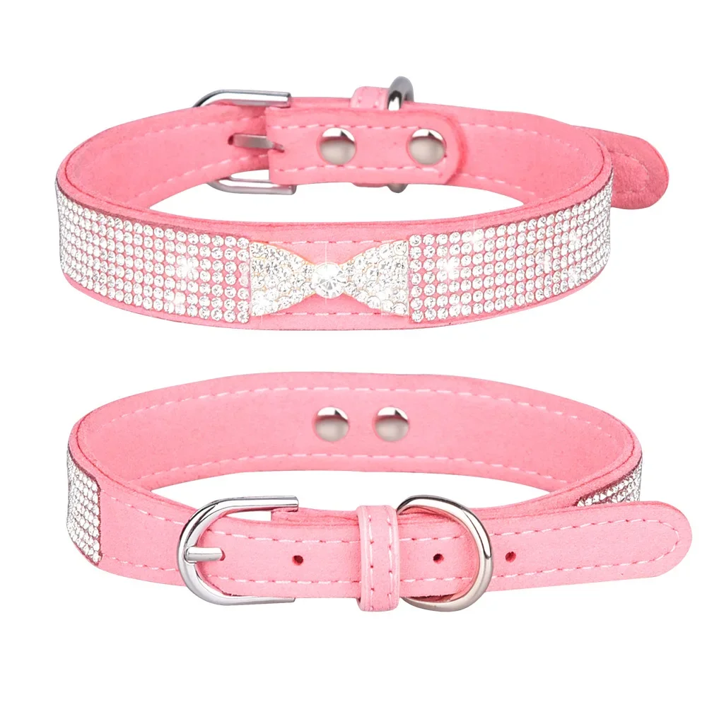 Collar de perro con lazo y diamantes de imitación, Collar para mascotas con corona de tamaño pequeño y mediano, cuero cómodo