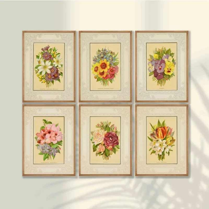 Vintage Colourful Flower Prints Poser Nature Botanical Floral Pansy Aster Rose Canvas Painting Wall Art Living Room Home Deco