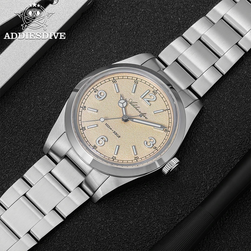 Addiesdive relógio masculino 2025 novo ad2518 ar revestimento de vidro cúpula à prova dwaterproof água 100m mergulho aço inoxidável luminoso vh31 relógio quartzo