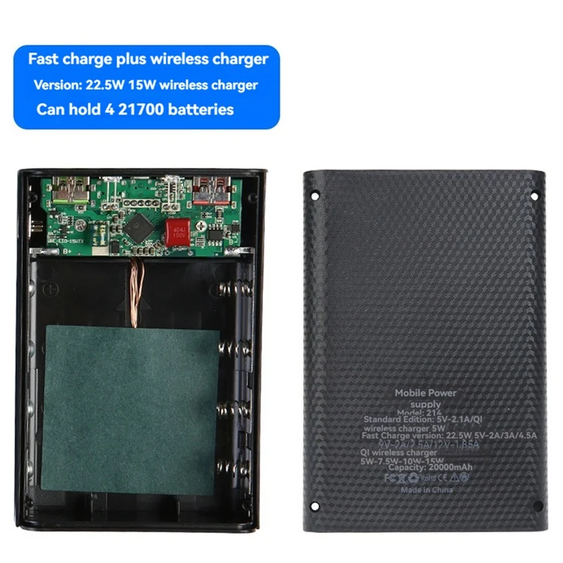 무선 DIY 쉘 21700 배터리 보관함, 빠른 충전, 분리형 보조배터리 케이스, 배터리 없음, 22.5W