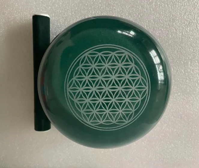

Factory low-priced processing 3rd octave G# (Ab) note green color crystal singing bowl with engraved of flower of life