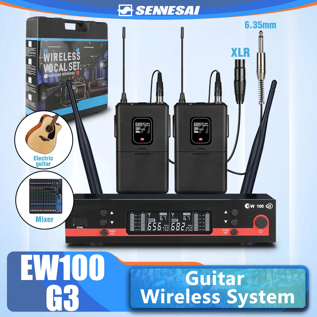 

Top Quality！EW100G3 Professional UHF Guitar Wireless System Transmitter And Receiver For Electronic Organ ,600-699mhz 2 Channel