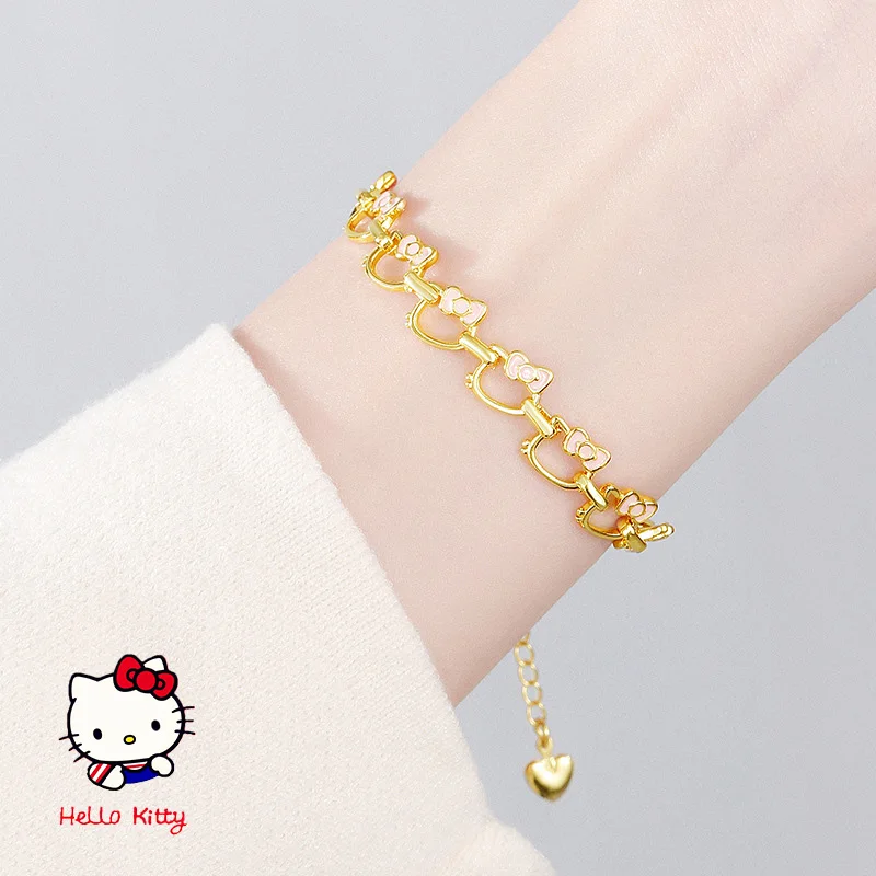 Summer 18K Gold Plated Hello Kitty Oval Chain Bracelet Women'S Cartoon Enamel Bow Thickened Non Fading Bracelet Creative Jewelry