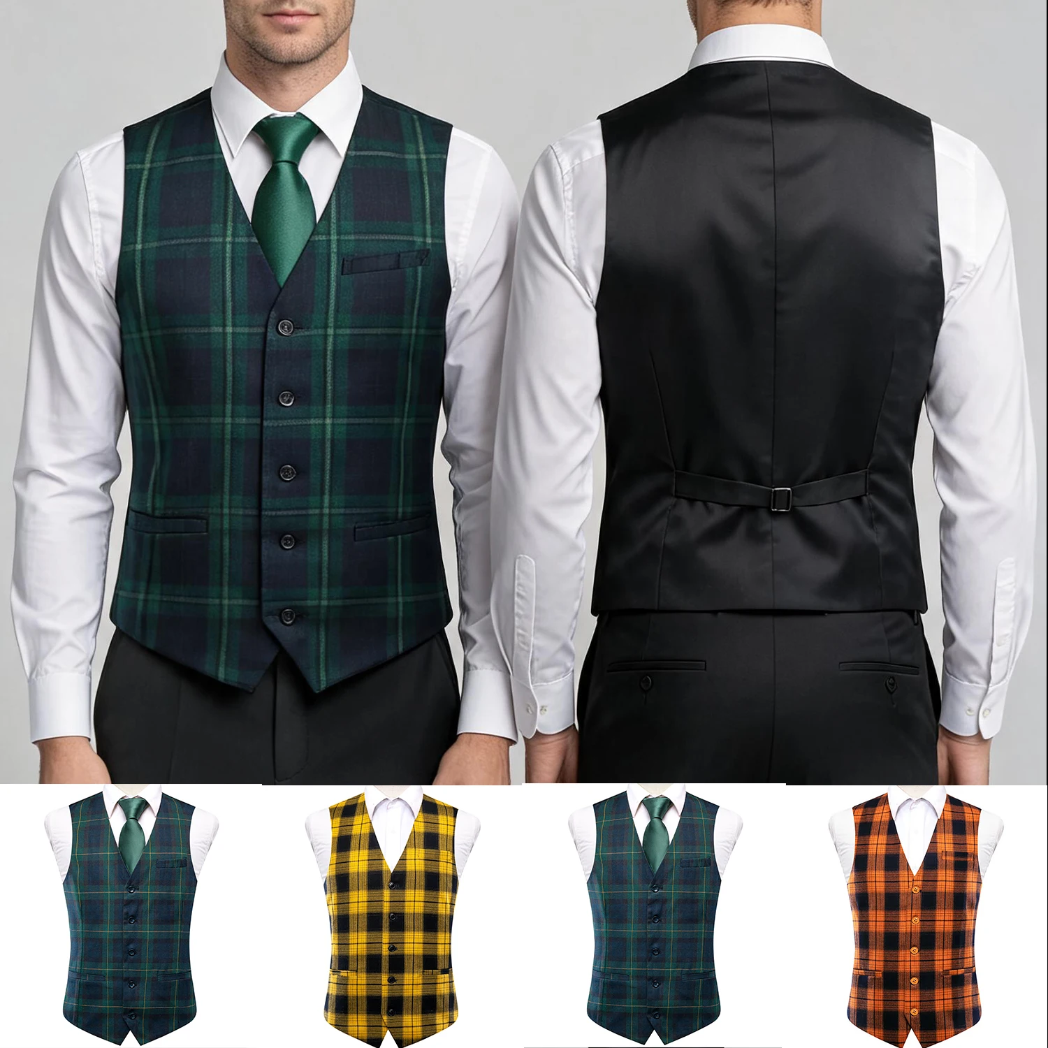 

Single Plaid Waistcoat Green or Yellow or Orange Slim Vest For Wedding Daily Business Casual Sleeveless Top