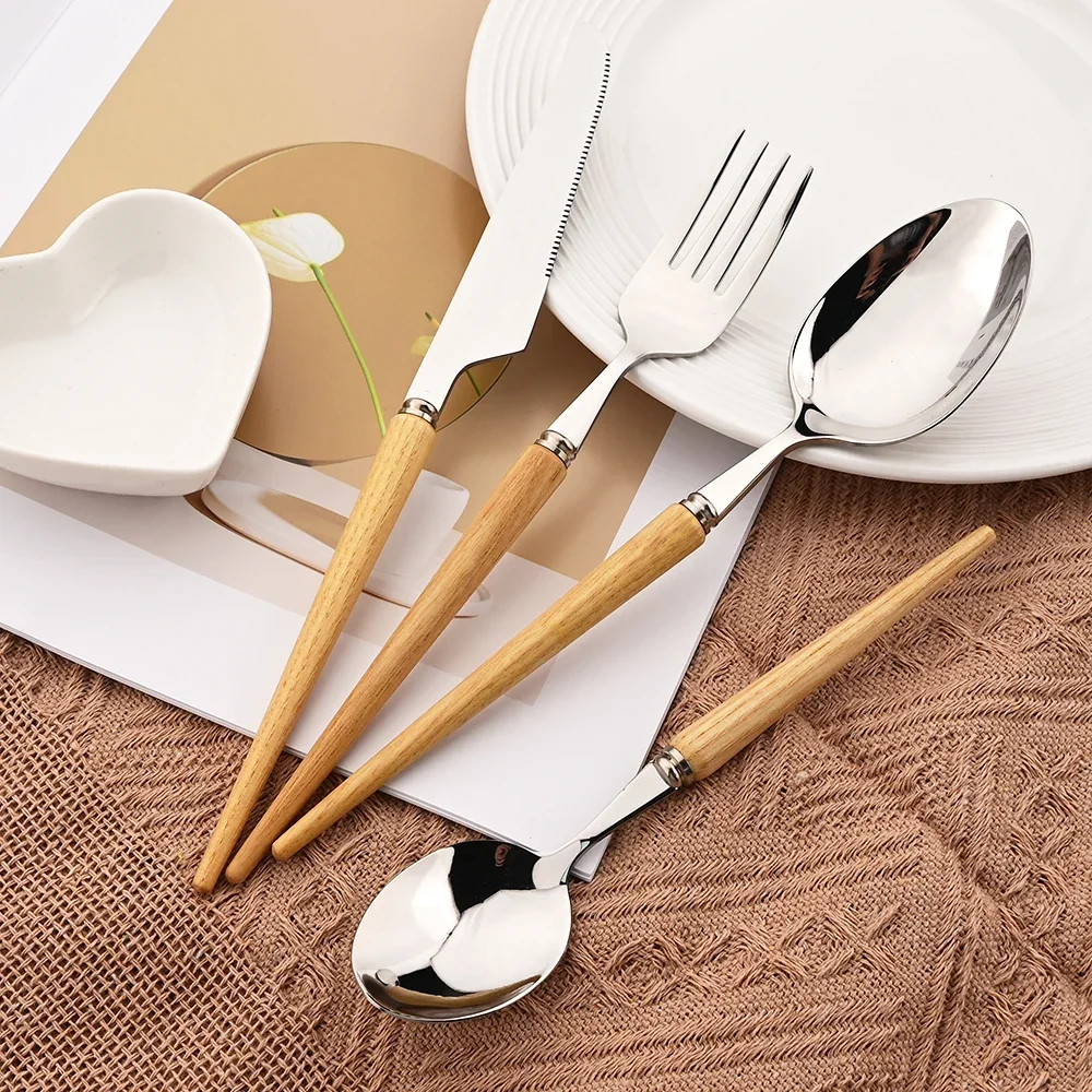 

4 шт., набор столовой посуды из нержавеющей стали с деревянной ручкой, нож, вилка, ложка, посуда, набор столовых приборов, праздничный кухонный подарок, столовые приборы