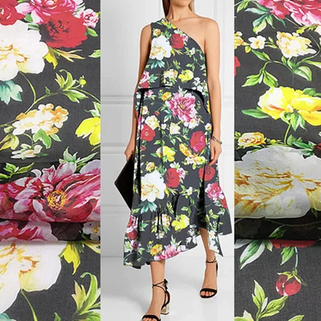 

2M/3M/5M printed fabric silk chiffon black background, mulberry texture clothing dress making