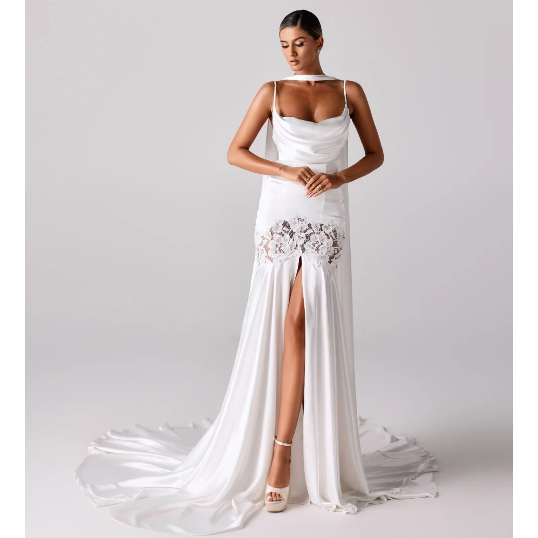 White Satin Slit Wedding Dresses Spaghetti Straps Lace Bridal Gown with Slit Scarf Elegant Party robe de mariée Customized