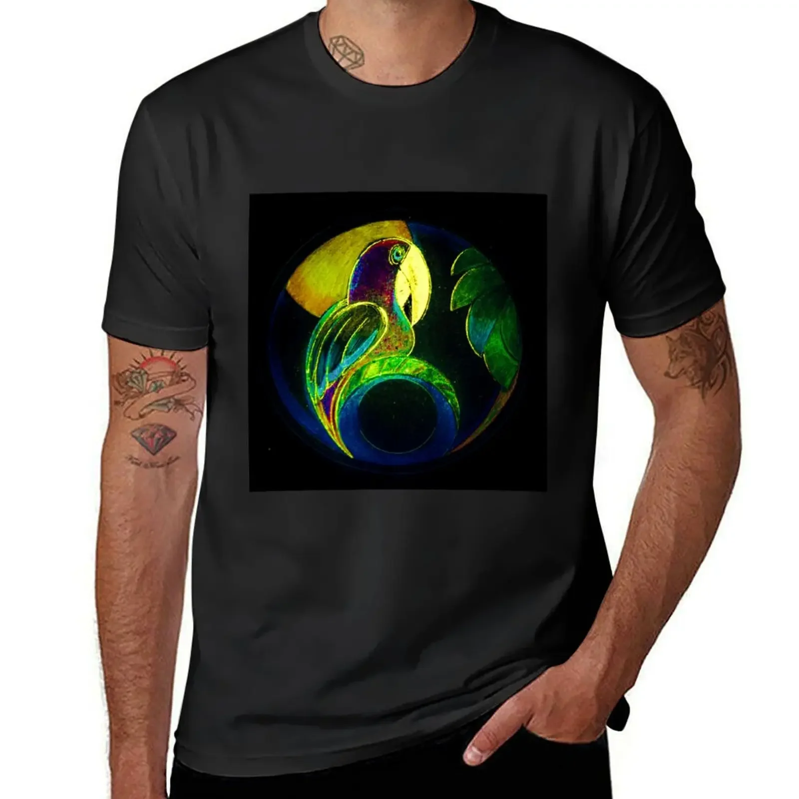 ART DECO PARROT ON BLACK T-Shirt kawaii clothes cotton graphic tees mens t shirts