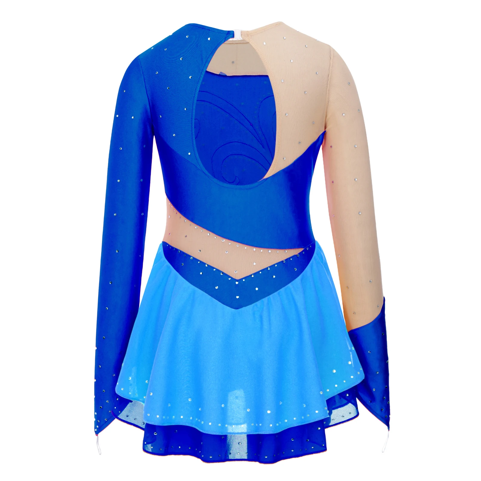 Children Shiny Rhinestone Ballet Skirted Leotard Dress Long Sleeves Mesh Patchwork Ice Roller Figure Skating Dress Dancewear