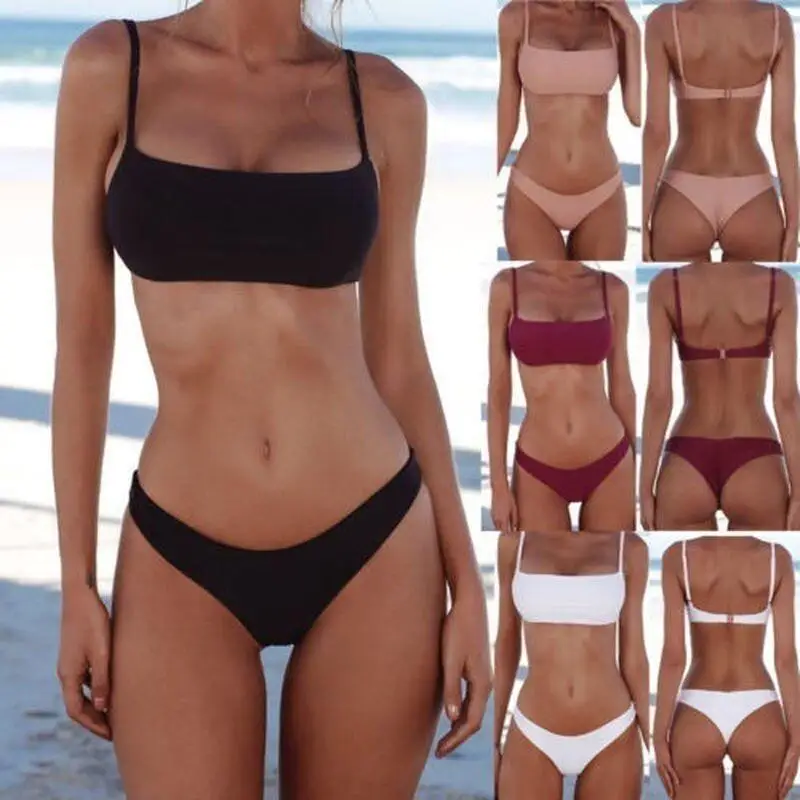 Women's Bikini Set Solid Color Two Piece Swimsuit Sexy Spaghetti Strap Beach Swimwear With Padded Bra Summer Bathing Suit