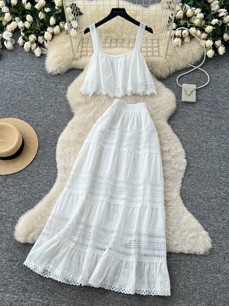 

Summer White Lace Hollow out Strap Vest Cake Skirt Slimming Set Women's Fashion Two-Piece Suit Hollow Design Commute Style