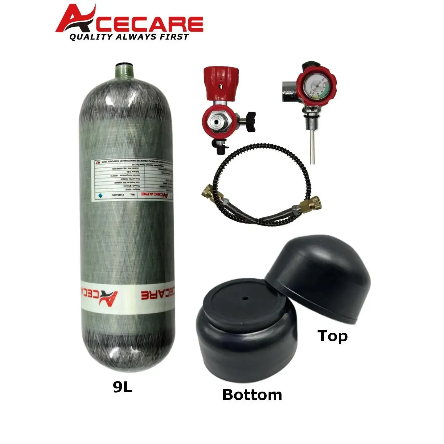 ACECARE 9L Carbon Fiber Cylinder With Filling Station Regulating Valve Protection Rubber Case 300Bar 4500Psi High Pressure Tank